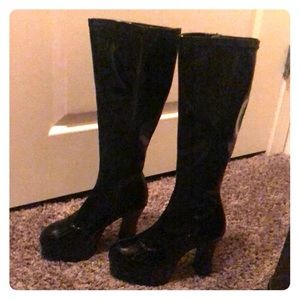 Shiny black heel boots.